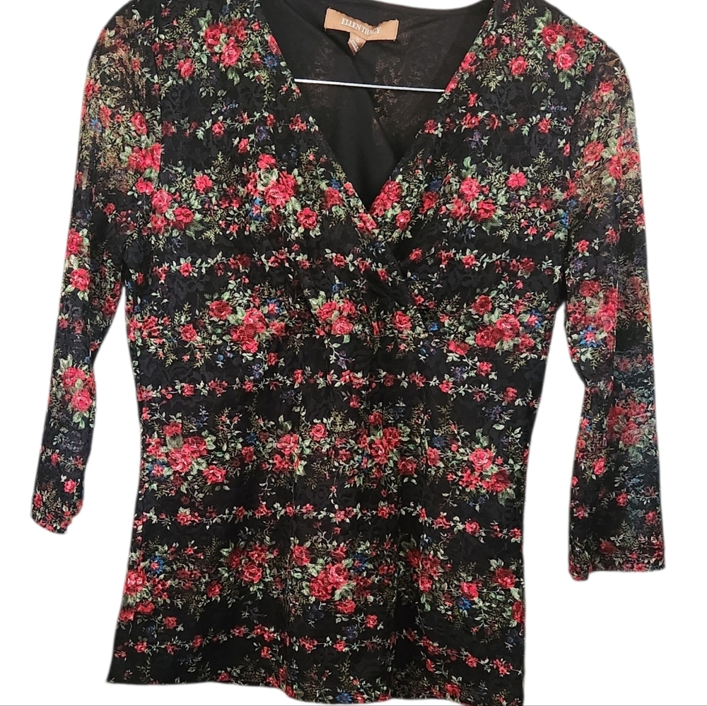 Ellen Tracy Black and Red Floral Rose Lace Blouse